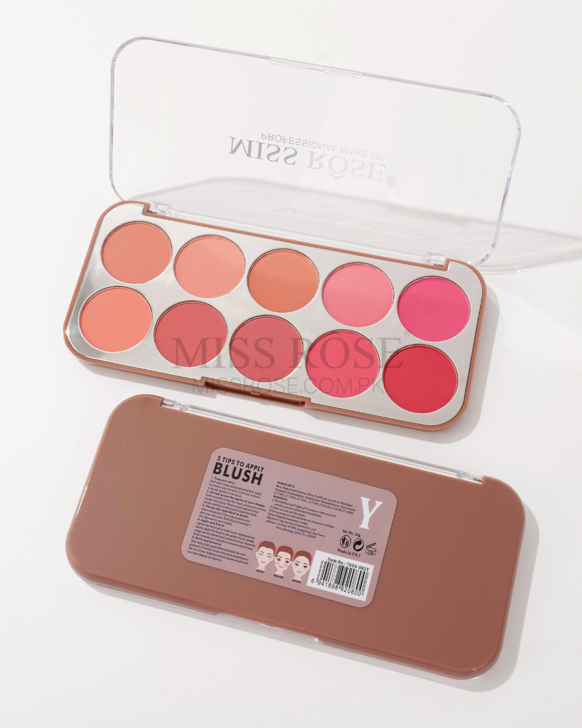 Miss Rose 10-Color Blushers Palette for Flawless Glow - Miss Rose Blush Palette