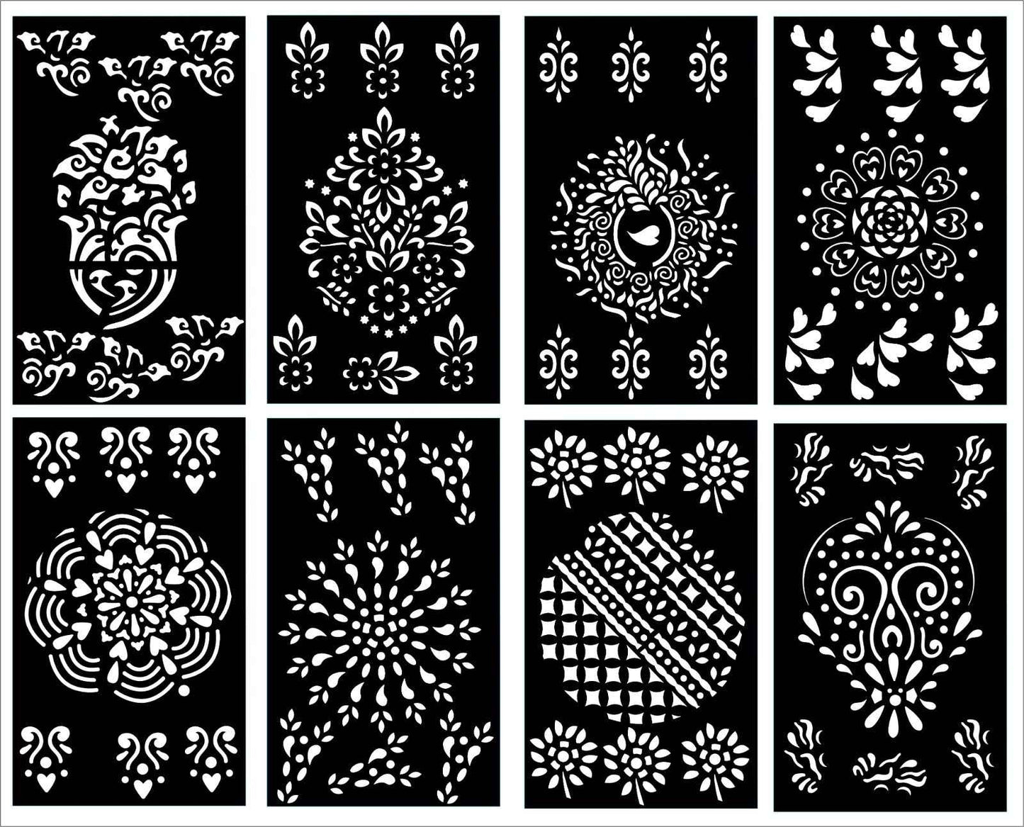 Pack of 8 Henna Mehndi Design Stencils for Hands - Quality Stickers