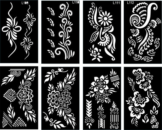 Pack of 8 Henna Mehndi Design Stencils - Unique Bails and Motives - MAT Beauty
