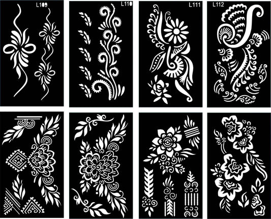Pack of 8 Henna Mehndi Design Stencils - Unique Bails and Motives