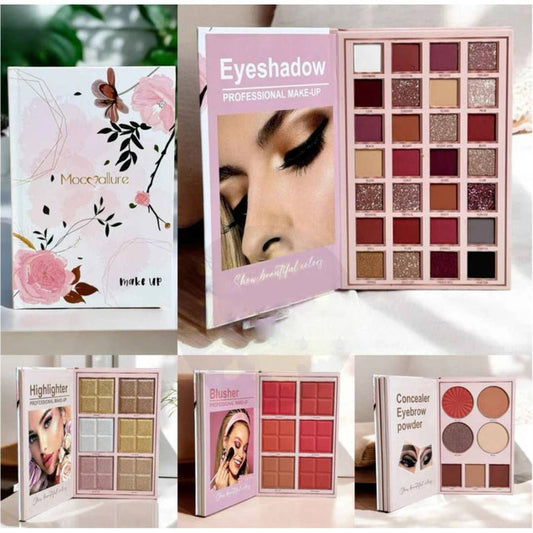 Mocallure 4in1 Makeup Palette - Cosmetic Makeup Book with Eyeshadow, Highlighter, Blusher, and Concealer in Pink Flower Design - MAT Beauty