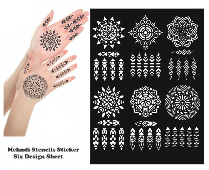 Pack of 6 Henna Mehndi Sticker Stencils for Tikki Design with Finger Patterns - MAT Beauty