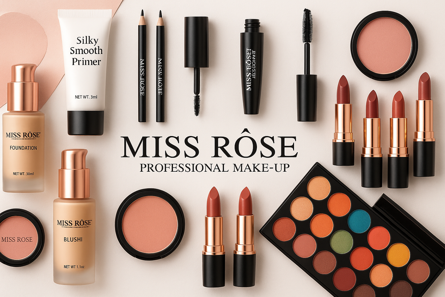 I need Banner Slide image for miss rose brand product mixture in 1 image including foundation primer eyeliner mascara eye shadow blush on lipsticks 